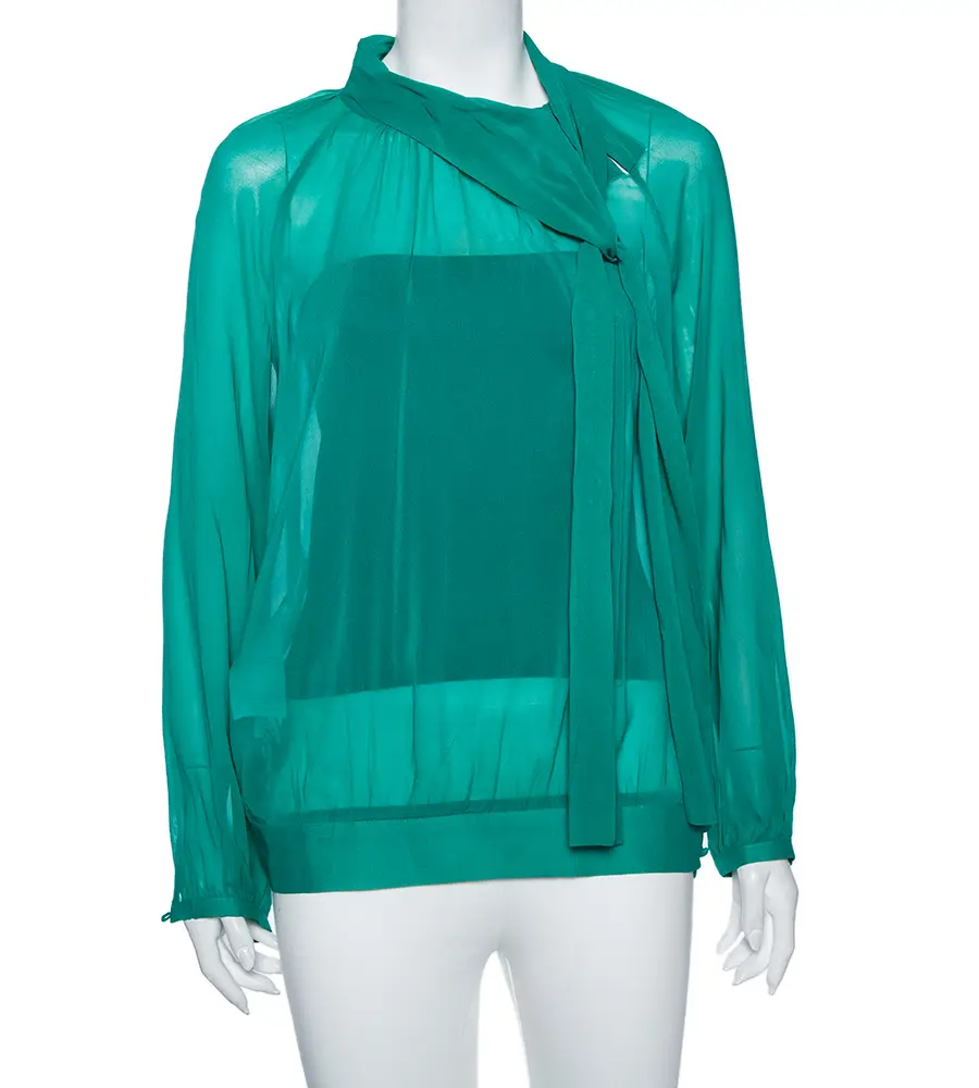 RED Valentino Teal Silk Topstitch Pleated Shoulder Detail Blouse M