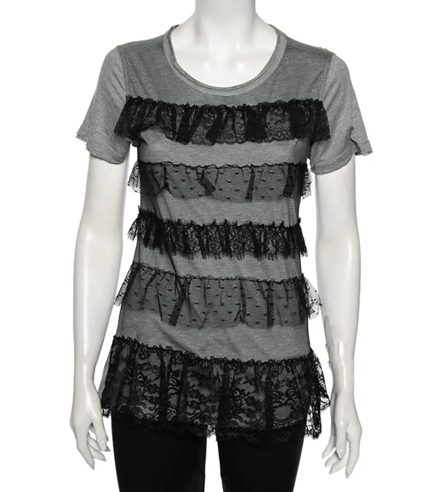 Red Valentino Grey Ruffled Lace and Jersey Short Sleeve T Shirt M