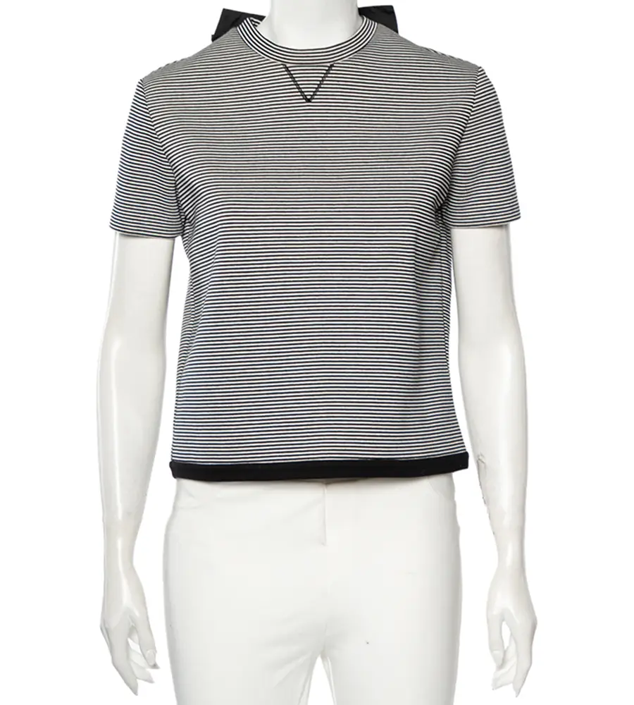 RED Valentino Monochrome Striped Knit Ruffled Trim Detailed Top M