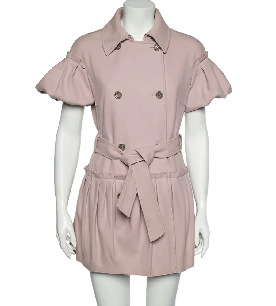 RED Valentino Pink Wool Pleated Detailed Double Breasted Belted Coat S