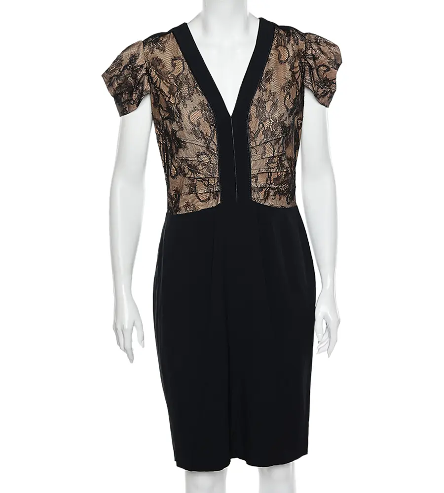 RED Valentino Black Lace & Crepe Paneled Midi Dress L