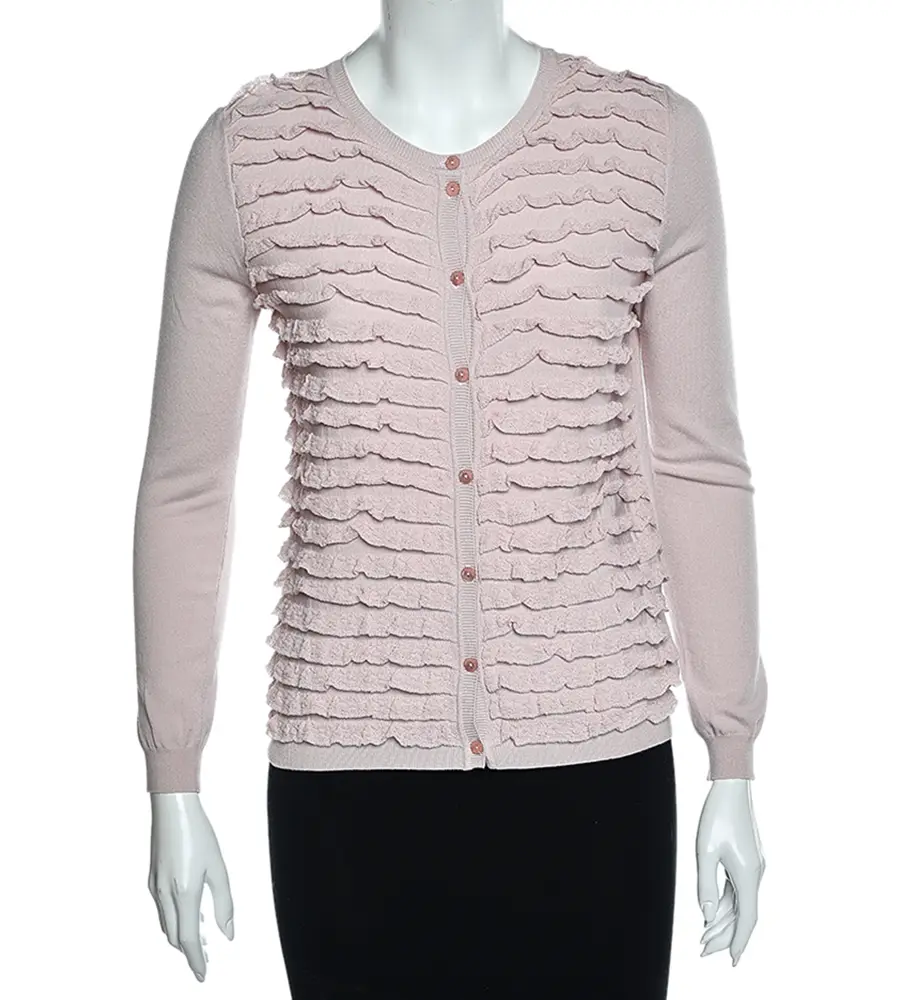 RED Valentino Pink Knit Ruffle Trimmed Button Front Fitted Cardigan L