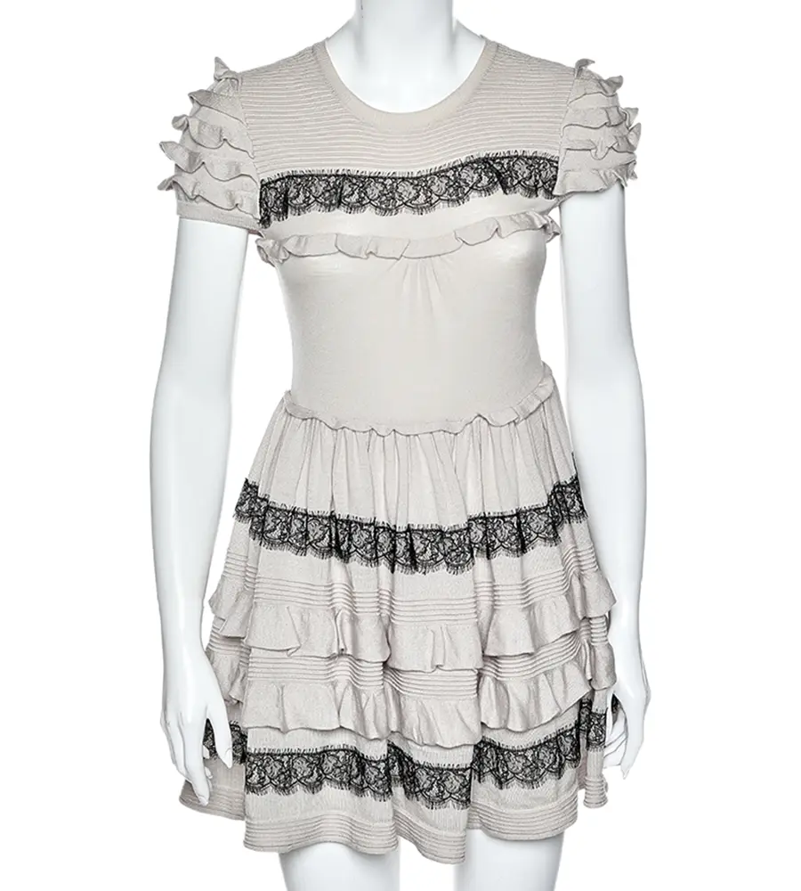 RED Valentino Beige Wool Lace Trim Ruffled Mini Dress M