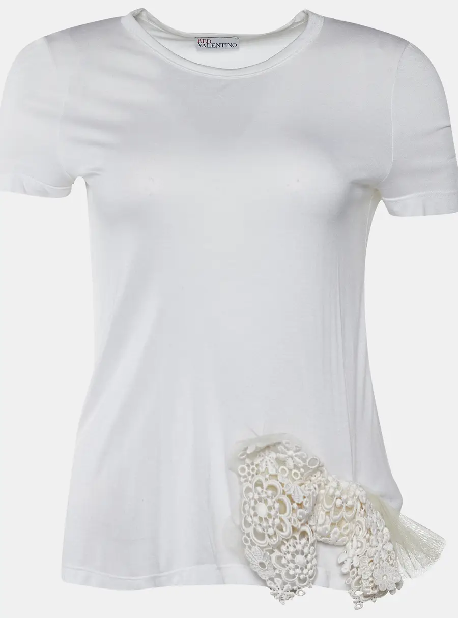 RED Valentino White Modal Lace Bow Detail Crew Neck Top S