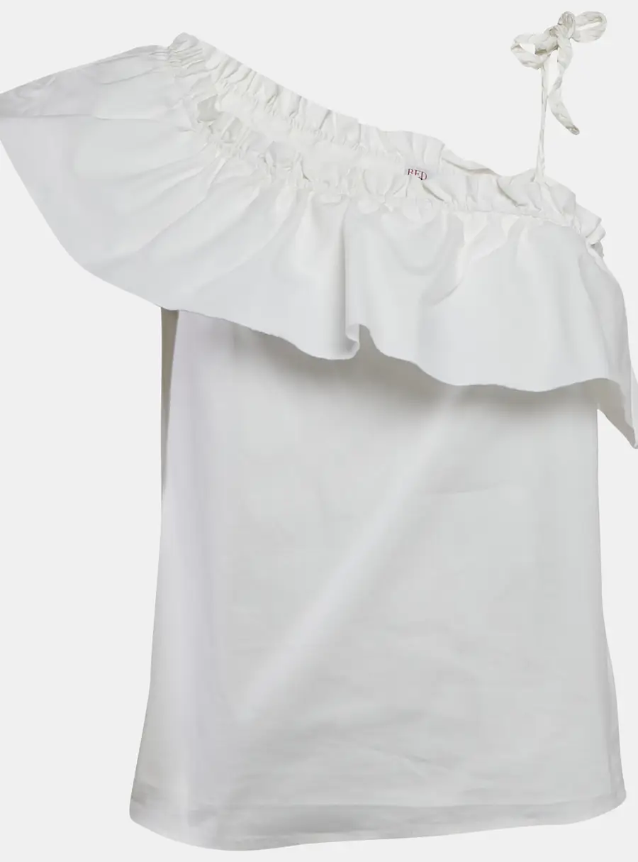 RED Valentino White Ruffled One-Shoulder Tie-Up Detail Top L