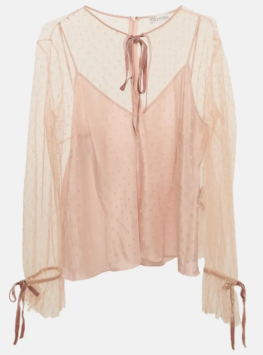 RED Valentino Pink Tulle Tie-Up Detail Blouse XL