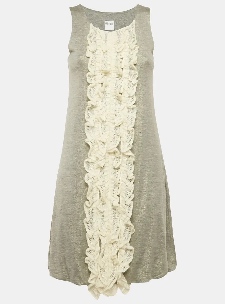 RED Valentino Metallic Grey Crochet Frills Jersey Mini Dress S
