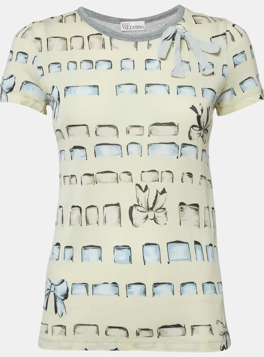 RED Valentino Yellow/Grey Printed Modal Bow Detail Top S