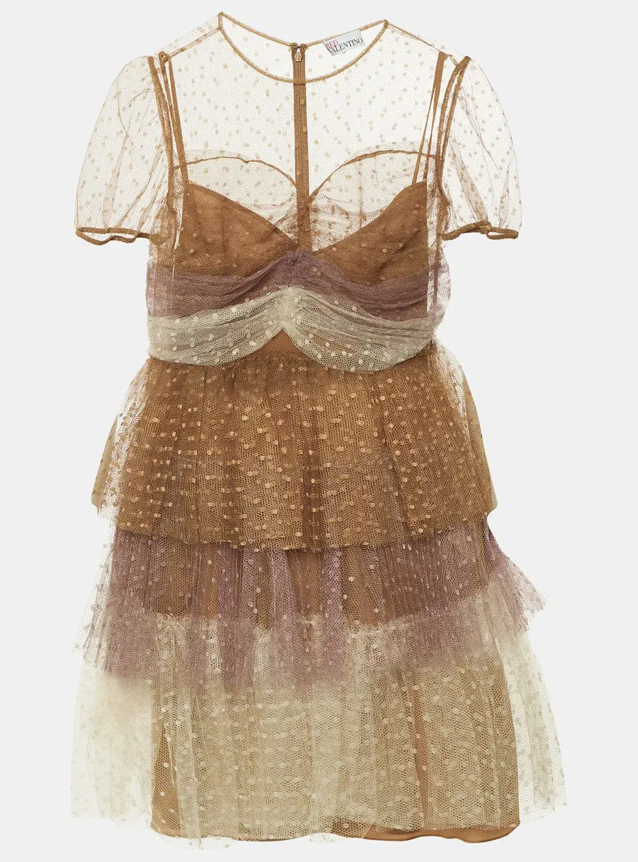 RED Valentino Brown Point d'esprit Tulle Tiered Mini Dress M