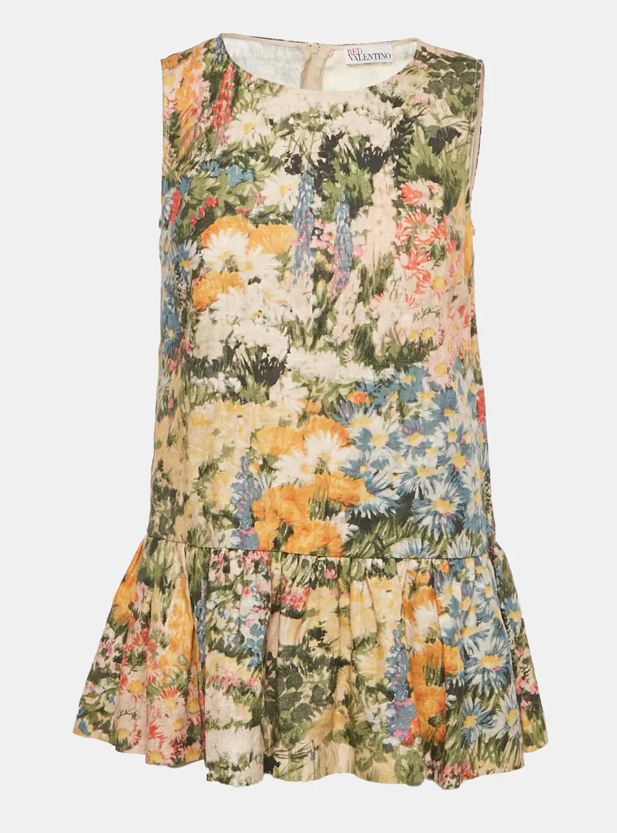 RED Valentino Green Floral Print Ramie Mini Dress S