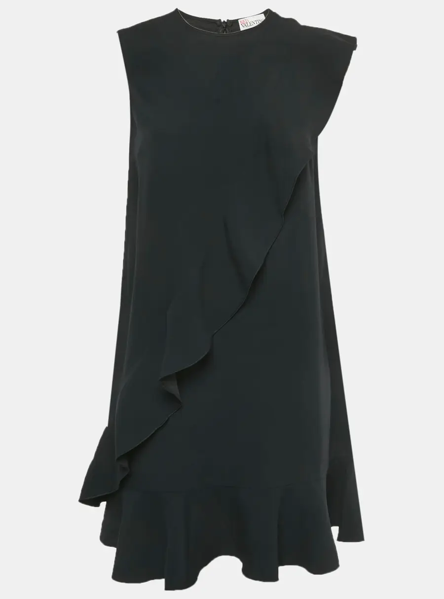 RED Valentino Black Crepe Frill Flounced Hem Mini Dress S