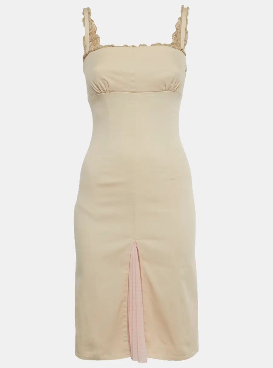 RED Valentino Beige Cotton Plisses Detail Sleeveless Midi Dress S