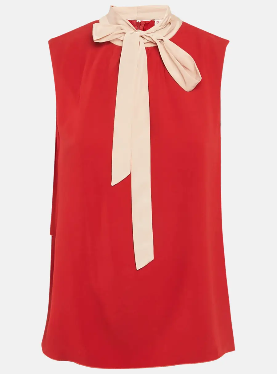 RED Valentino Red Crepe Contrast Neck Tie Detail Sleeveless Top M