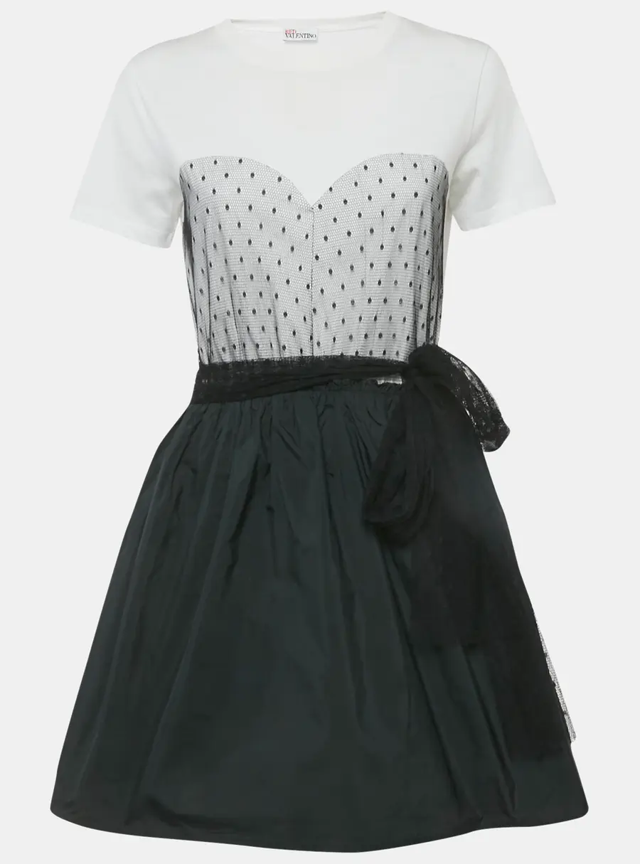 RED Valentino White/Black Plumetis Trim Jersey and Crepe Mini Dress S