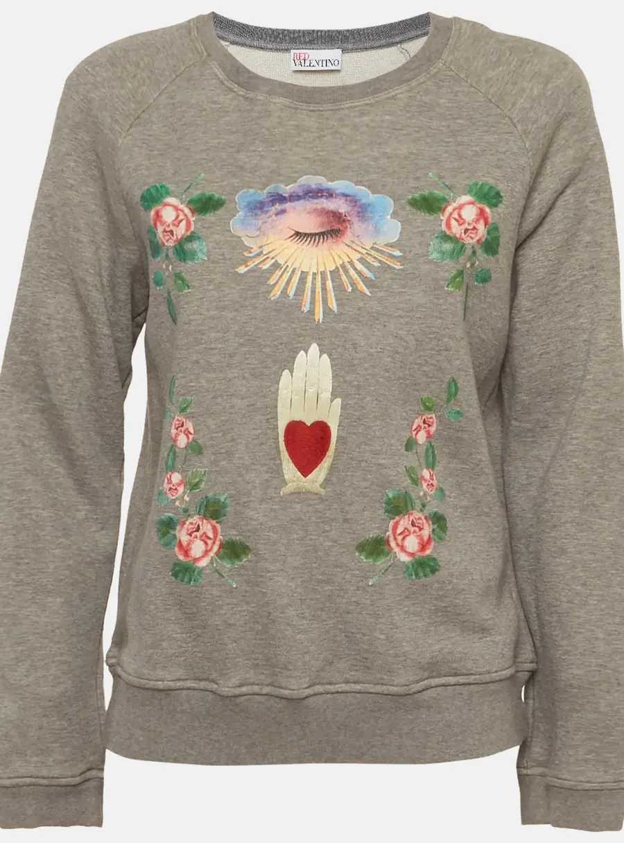 RED Valentino Grey Graphic Print Cotton Knit Crew Neck Sweatshirt L