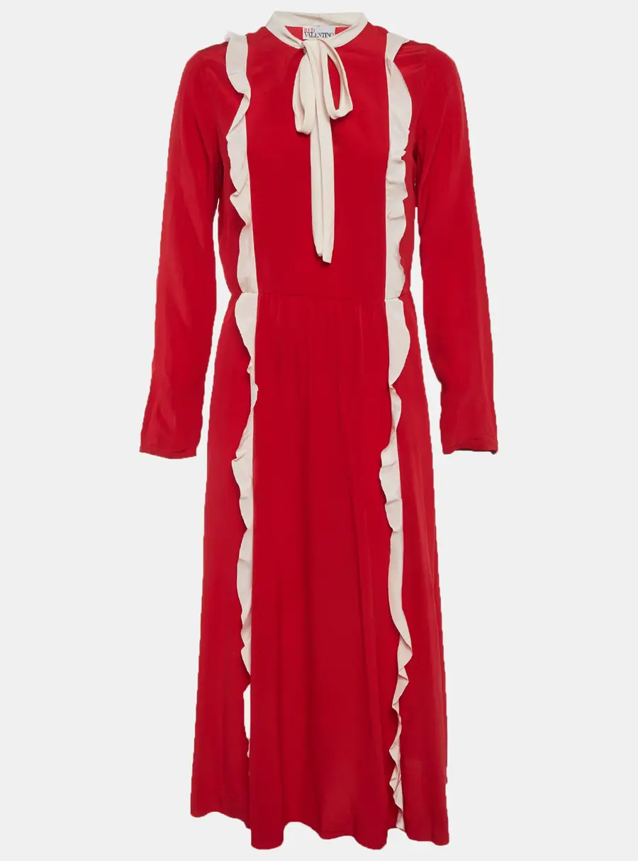 RED Valentino Red/Off White Crepe Ruffle Midi Dress M