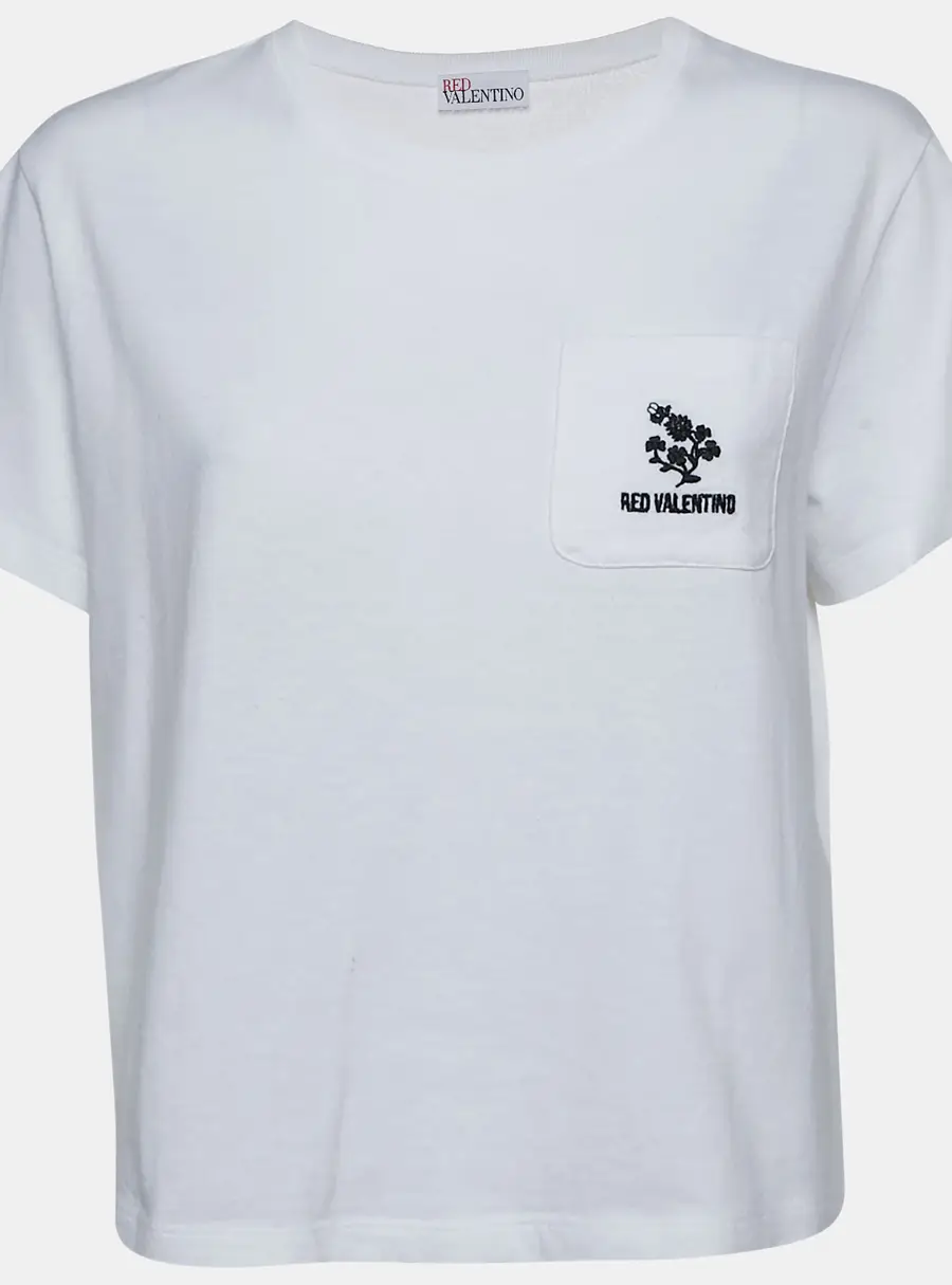 RED Valentino White Logo Embroidered Jersey Crewneck T-Shirt M