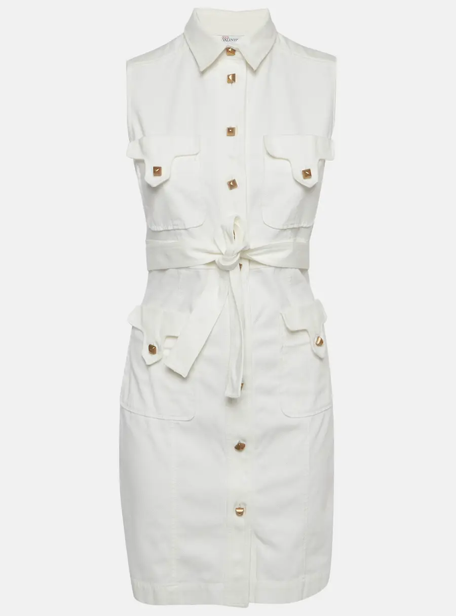 RED Valentino White Canvas Button Up Sleeveless Dress S