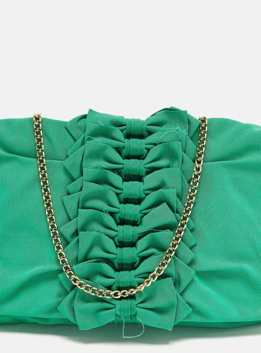 RED Valentino Bow Applique Green Nylon Chain Clutch