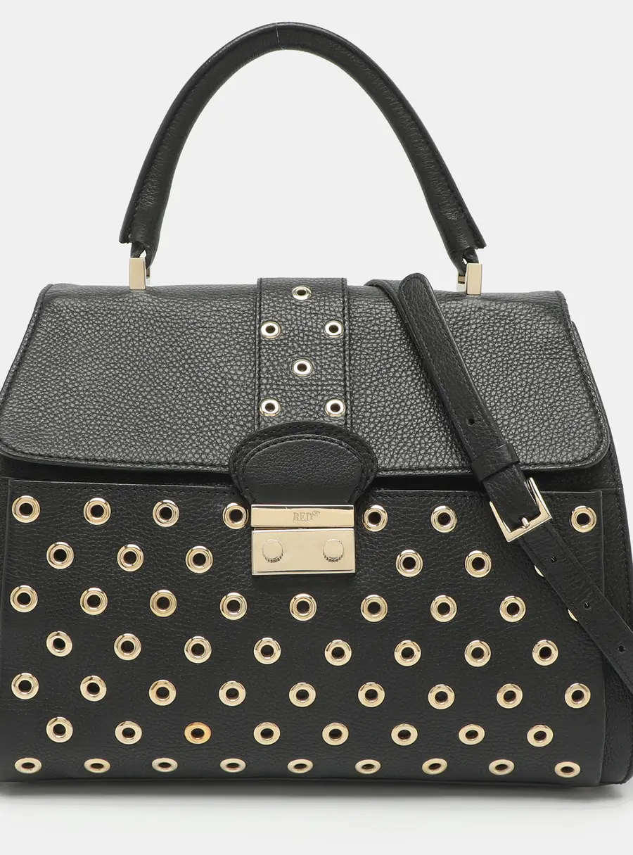 RED Valentino Eyelet Embellished Black Leather Top Handle Bag
