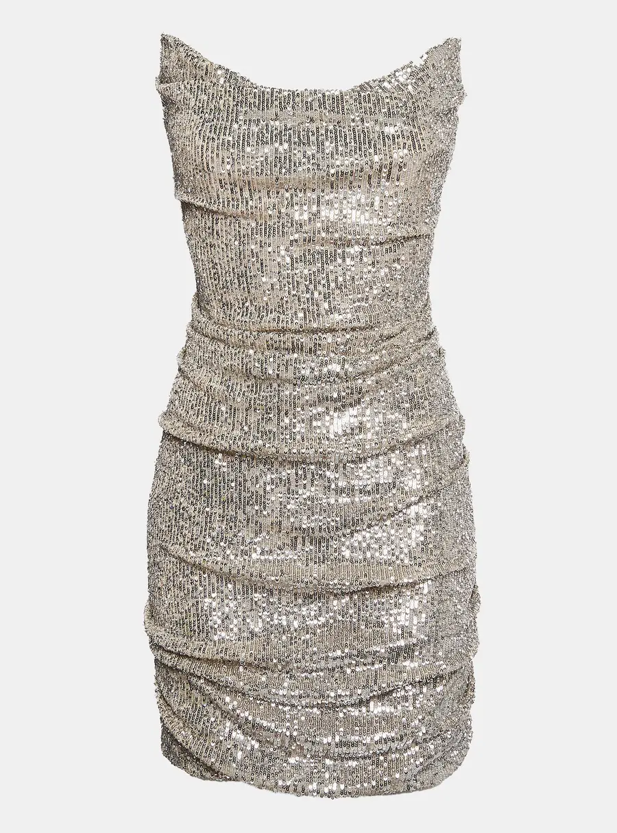Reem Acra Silver Sequin Ruche Strapless Mini Dress L