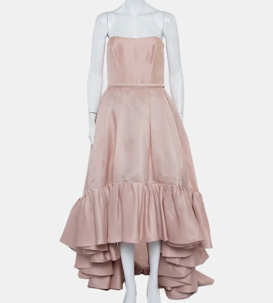 Reem Acra Pink Silk Ruffled Asymmetric Hem Strapless Gown M