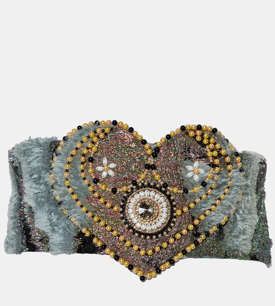 Reem Acra Multicolor Lurex Jacquard & Faux Fur Beaded Heart Detail Waist Belt M