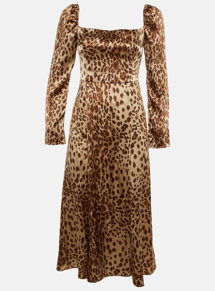 Reformation Brown Animal Print Silk Slit Midi Dress M