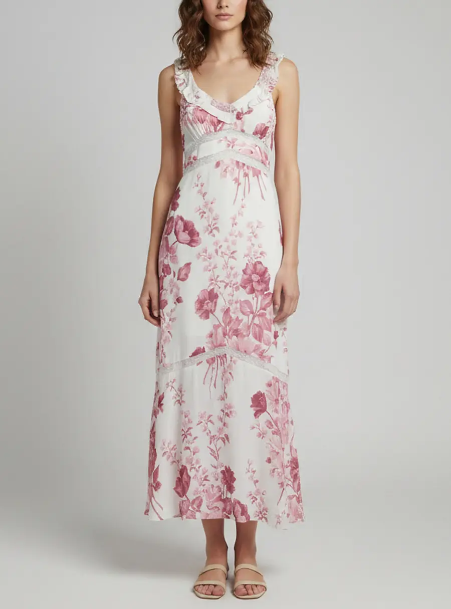 Reformation White Floral Print Crepe Purdie Midi Dress S