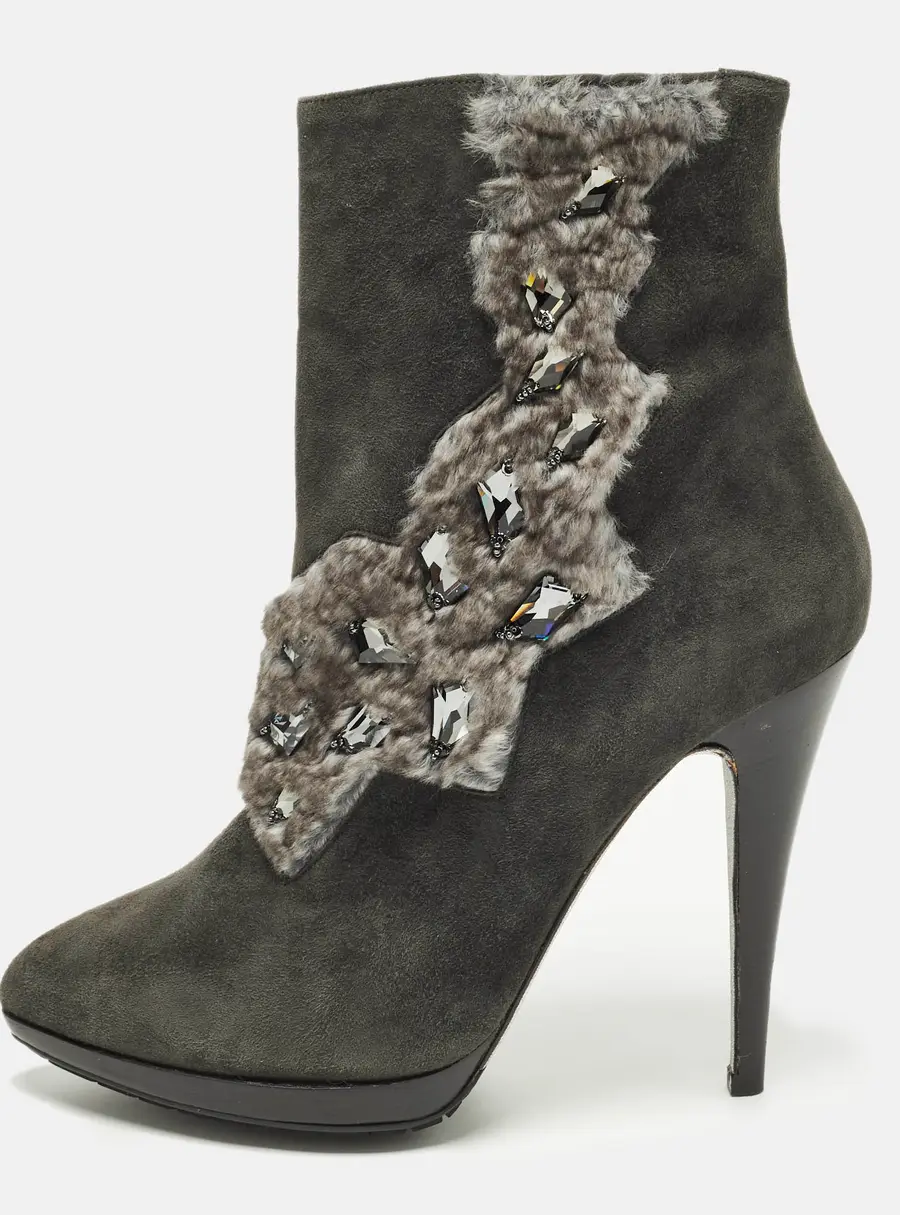 Ren&eacute; Caovilla Size 40 Grey Fur And Suede Ankle Boots