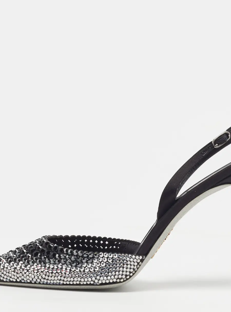 René Caovilla Jackie Size 42 Black/Silver Satin Crystal Embellished Slingback Pumps