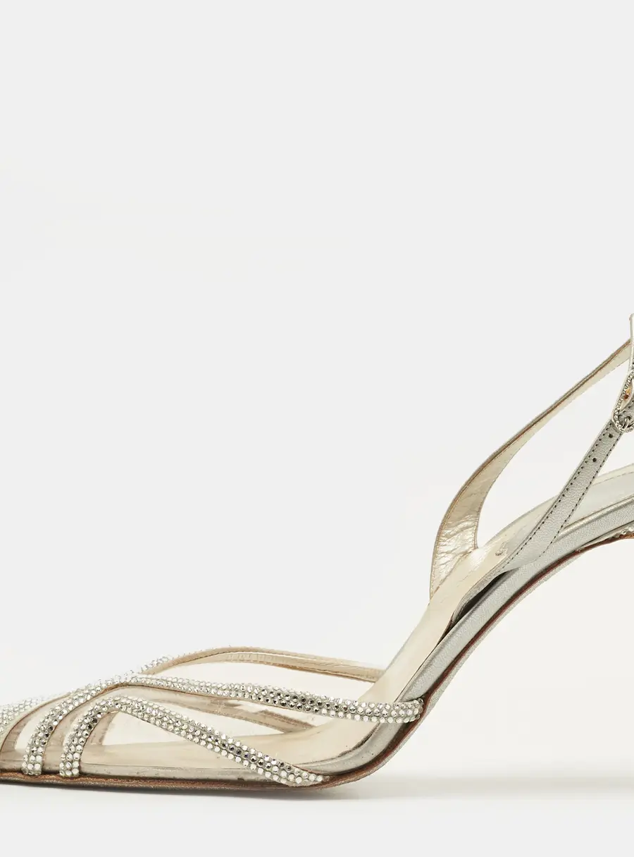 Ren&eacute; Caovilla Size 36 Transparent/Silver Leather and PVC Crystal Embellished Slingback Pumps