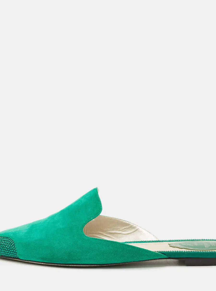 René Caovilla Size 39 Green Suede Crystal Embellished Flat Mules