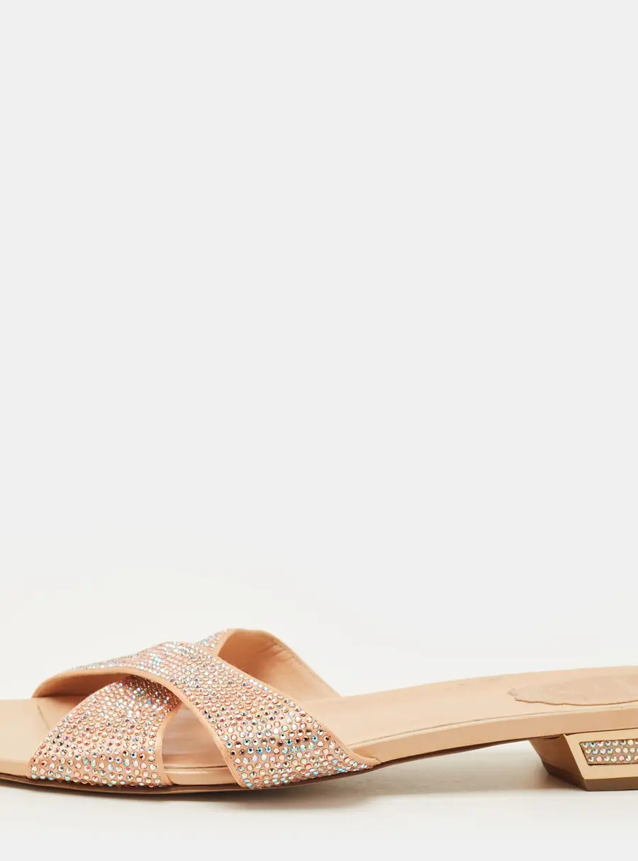 Ren&eacute; Caovilla Size 41 Beige Satin Crystal Embellished Flat Sandals