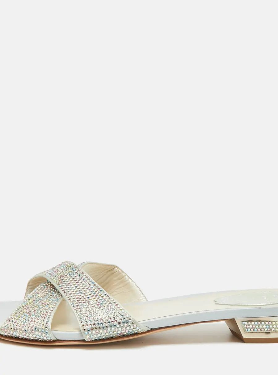 René Caovilla Size 41 Gold Crystals and Satin Criss Cross Flat Slides