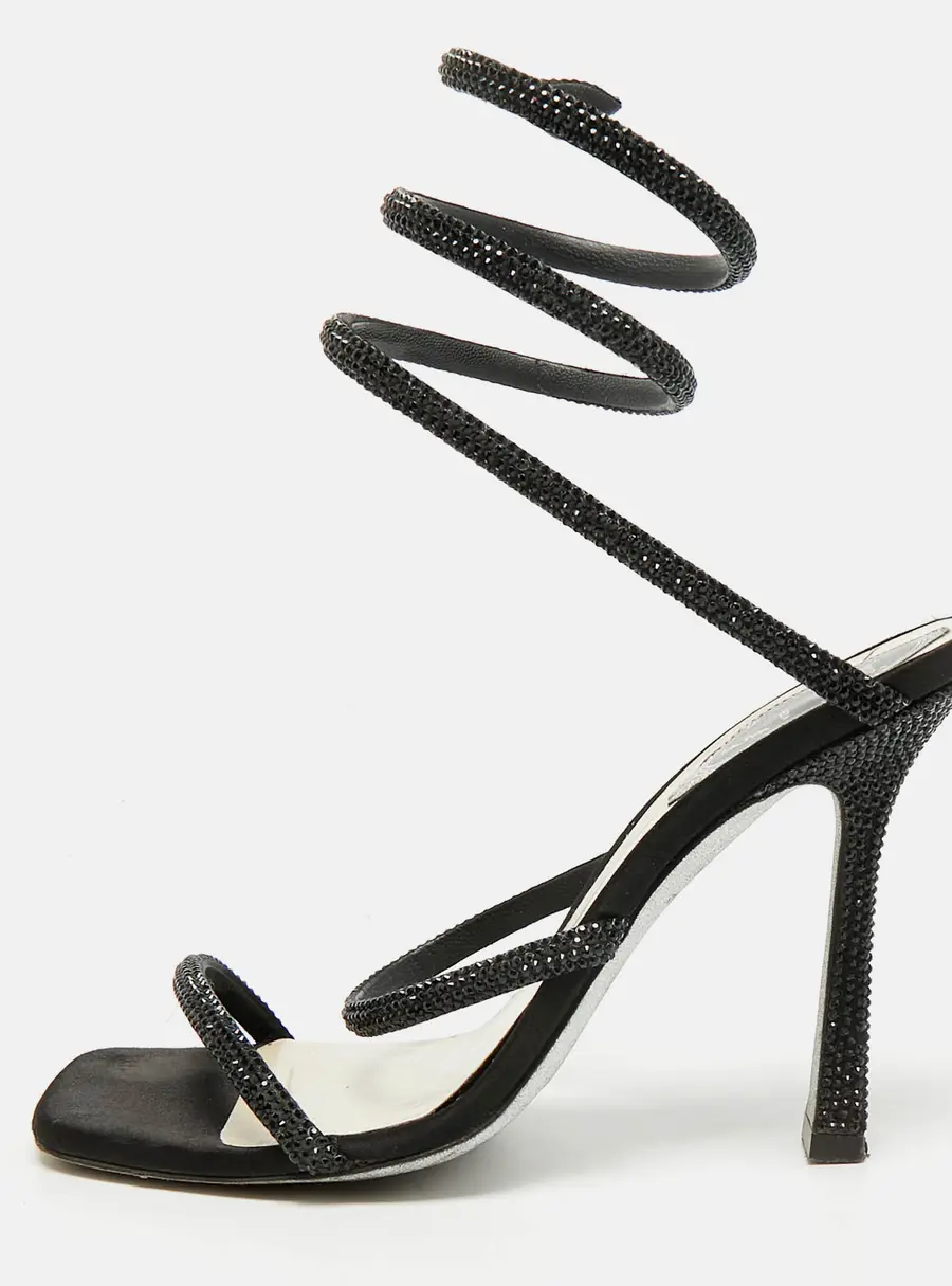 Ren&eacute; Caovilla Cleo Size 36 Black Satin Ankle Strap Sandals