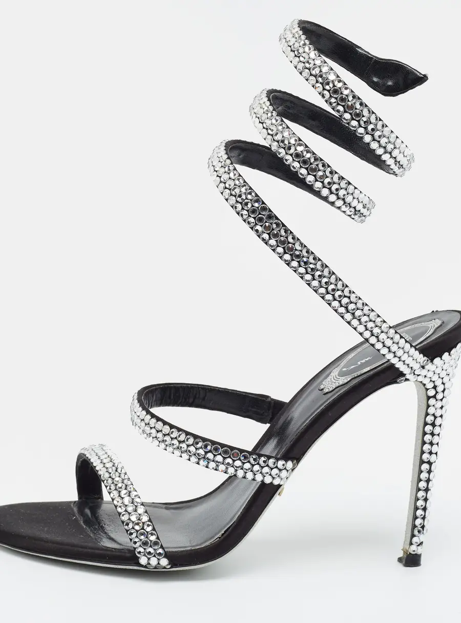Ren&eacute; Caovilla Cleo Size 39 Black Satin Ankle Strap Sandals