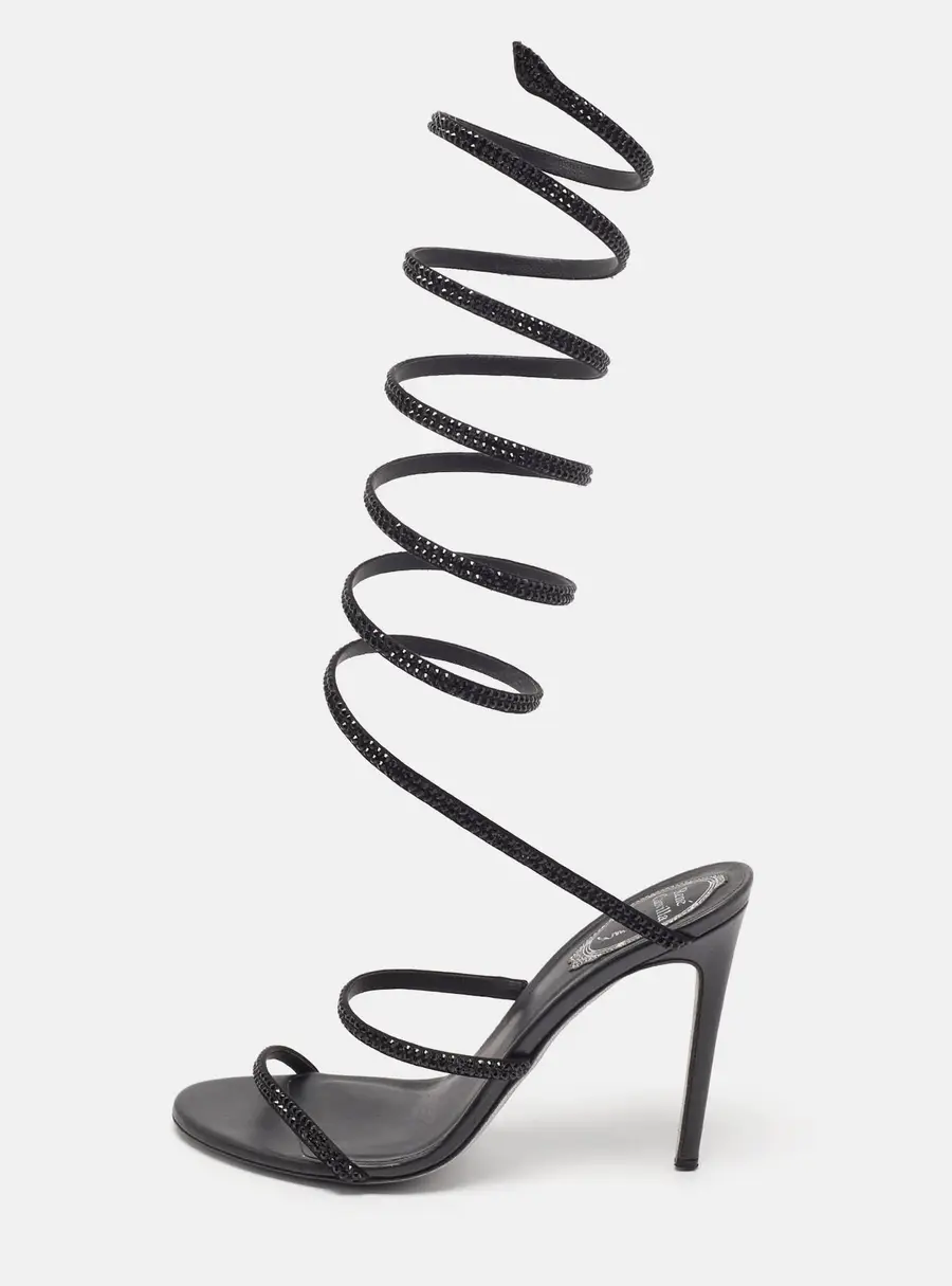 Ren&eacute; Caovilla Cleo Size 37 Black Crystal Fabric Embellished Spiraled Ankle Wrap Sandals