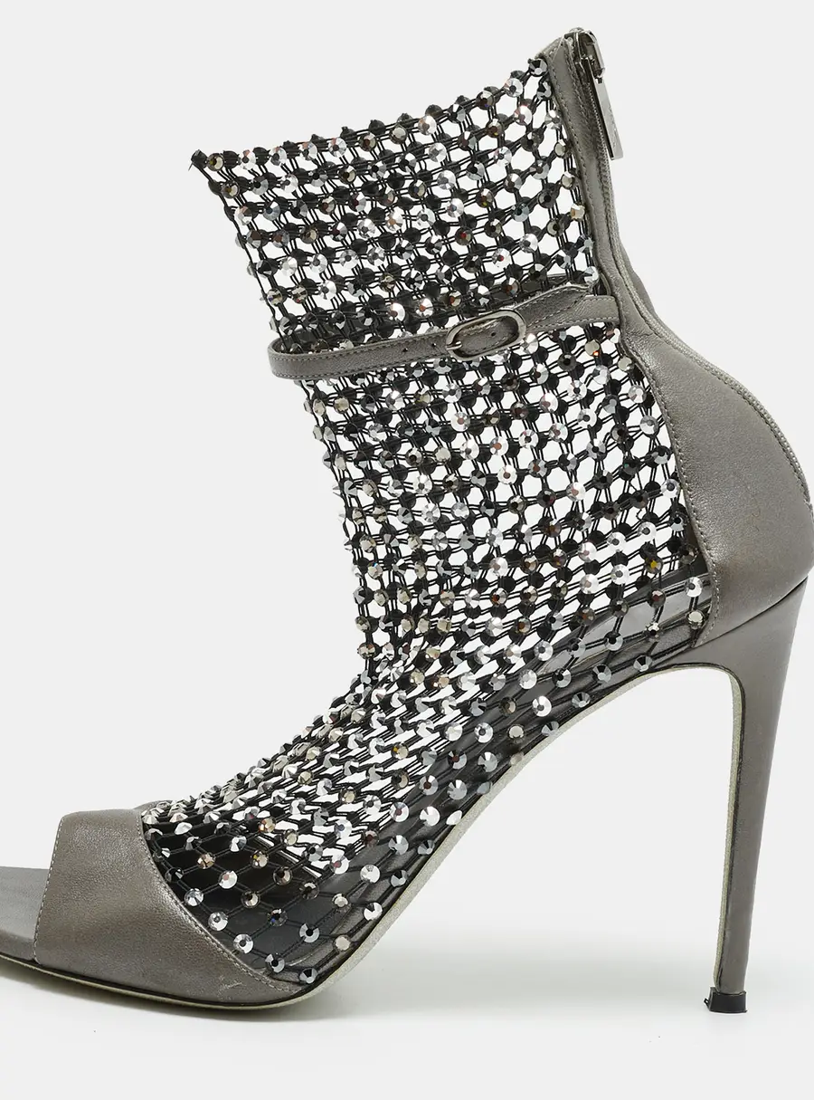 René Caovilla Galaxia Size 41 Grey Lace and Leather Ankle Strap Sandals