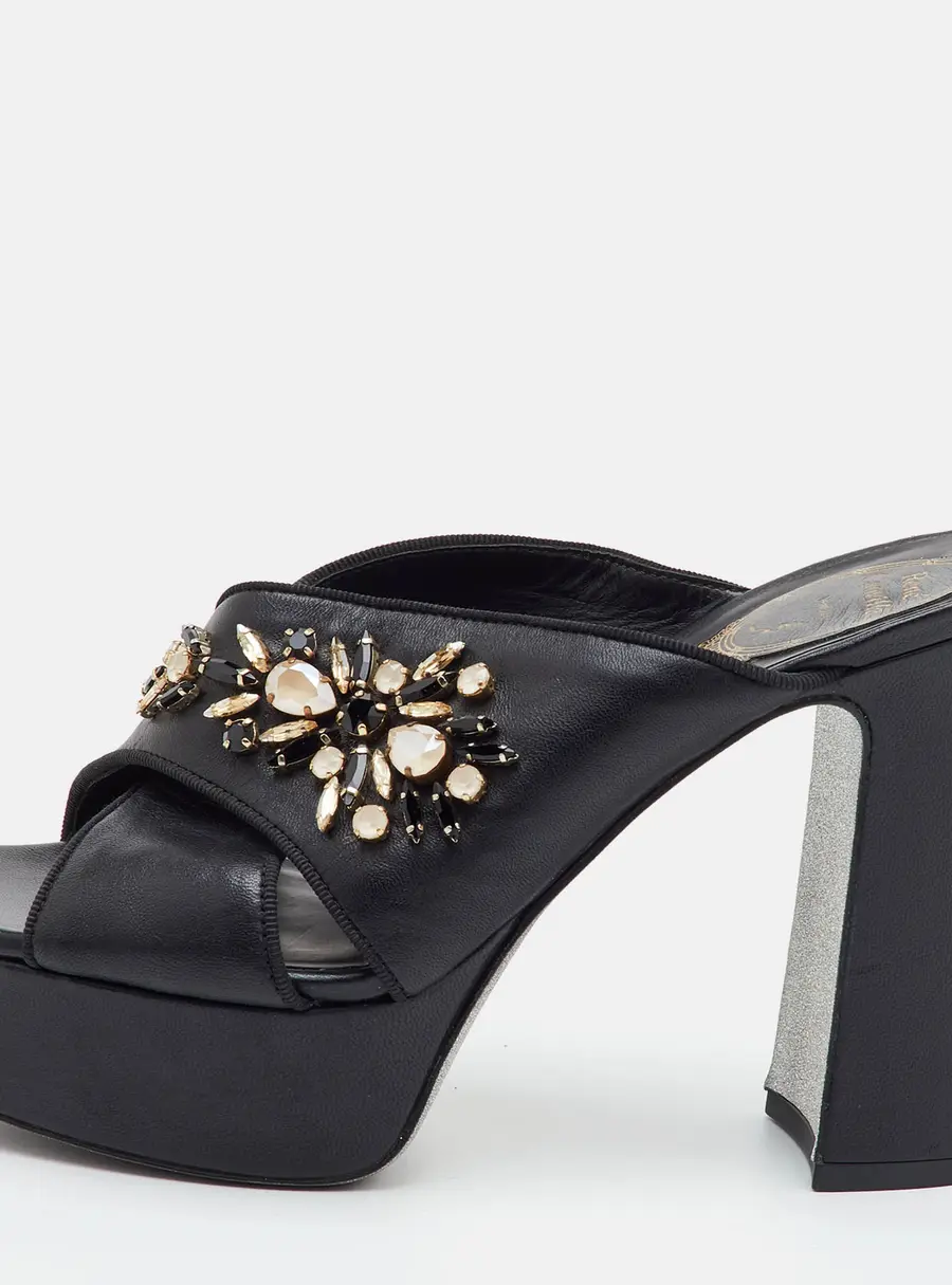 Rene Caovilla Size 38 Black Leather Crystal Embellished Platform Block Heel Sandals
