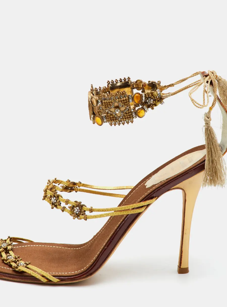 Ren&eacute; Caovilla Size 40 Gold Fabric and Leather Crystal Embellished Ankle Strap Sandals