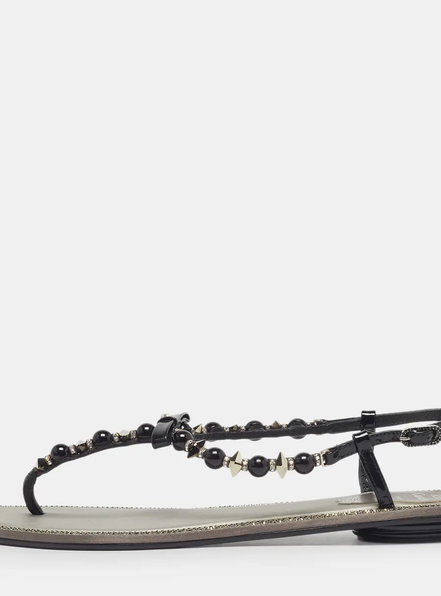 Ren&eacute; Caovilla Size 38.5 Black Patent Leather Crystal Embellished Thong Sandals