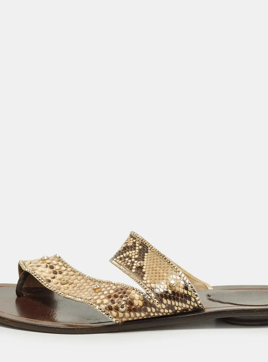 René Caovilla Size 40 Beige Python Leather Crystal Embellished Flat Sandals