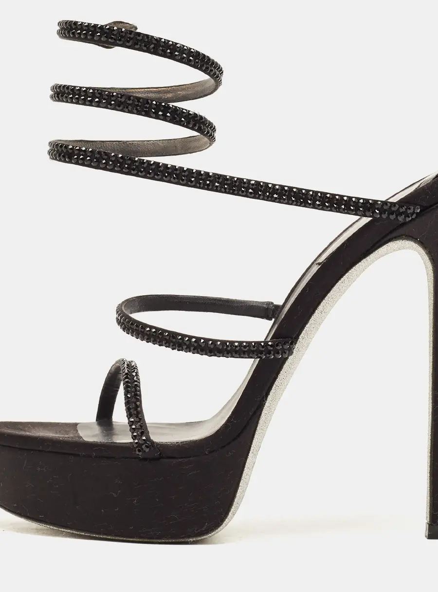 René Caovilla Cleo Size 37 Black Satin Crystal Embellished Platform Ankle Wrap Sandals