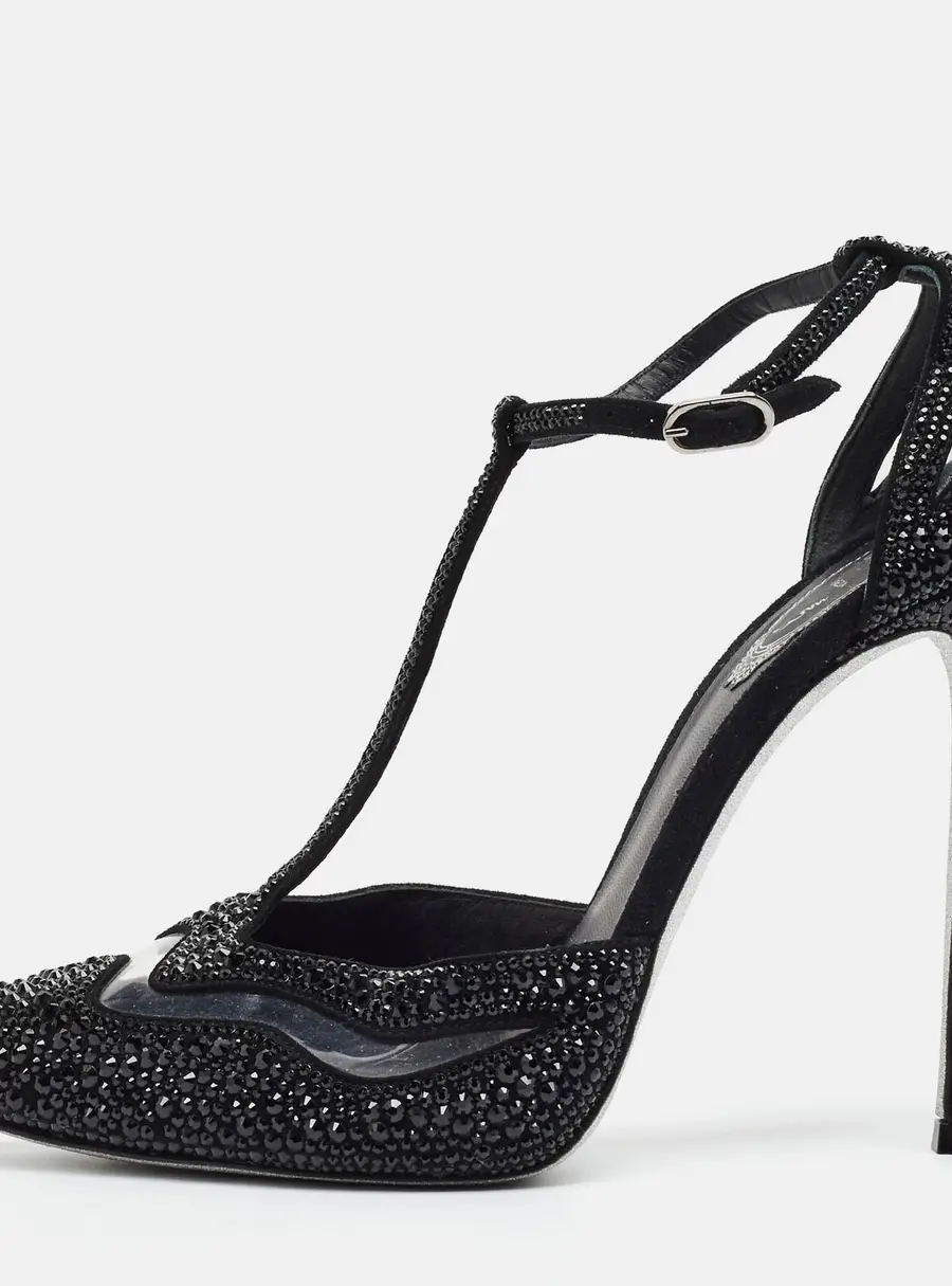 René Caovilla Size 38 Black PVC and Suede Crystal Embellished T-Strap Pumps