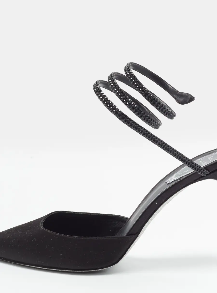 René Caovilla Cleo Size 40 Black Satin Crystal Embellished Ankle Wrap Pumps