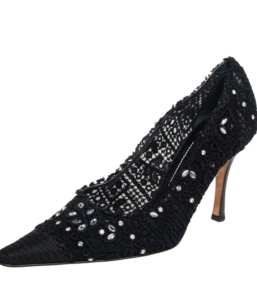René Caovilla Black Lace And Canvas Crystal Embellished Pumps Size 40
