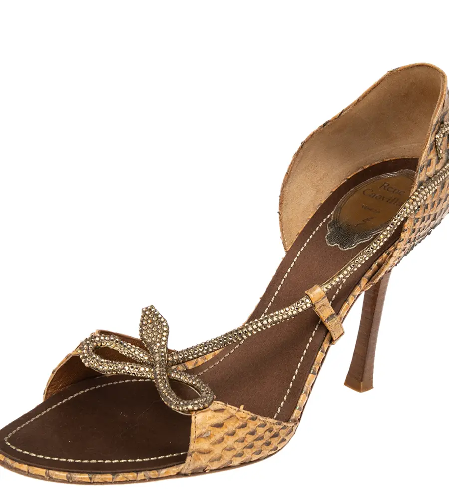 René Caovilla Beige Python Leather Crystal Embellished Sandals Size 40.5
