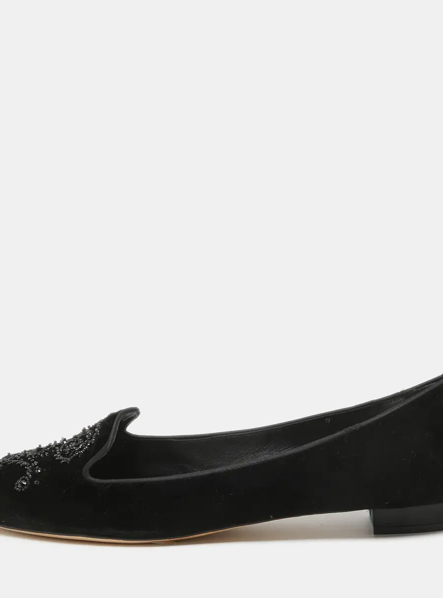 Ren&eacute; Caovilla Black Velvet Crystal Embellished Slip On Smoking Slippers Size 41