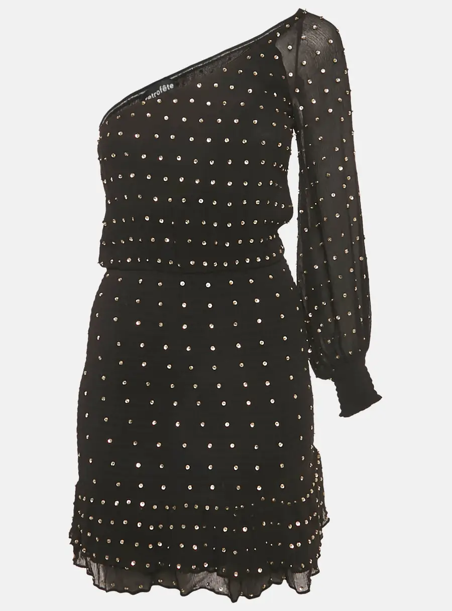 Retrofete Black Sequin Embellished Silk One Shoulder Mini Dress XS